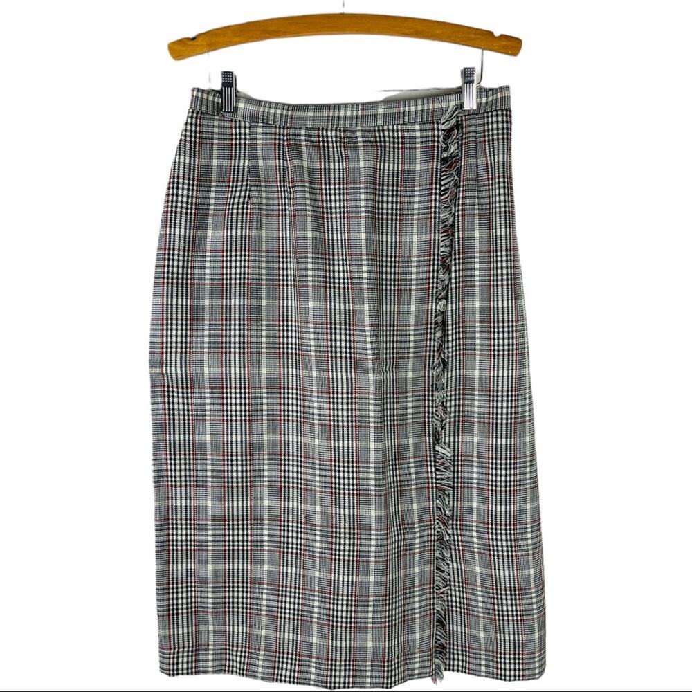 Vintage cream black plaid preppy fringe academia lightweight knit skirt 14